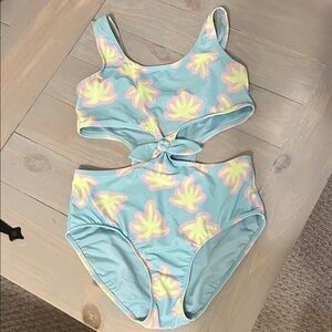 Old Navy Light Blue Palm-Print Cutout One-Piece Swimsuit